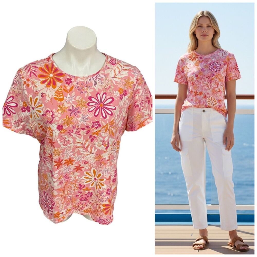 Talbots Top Womens XL Tee Floral Shirt Pink Orange Work Office Coastal Cottage